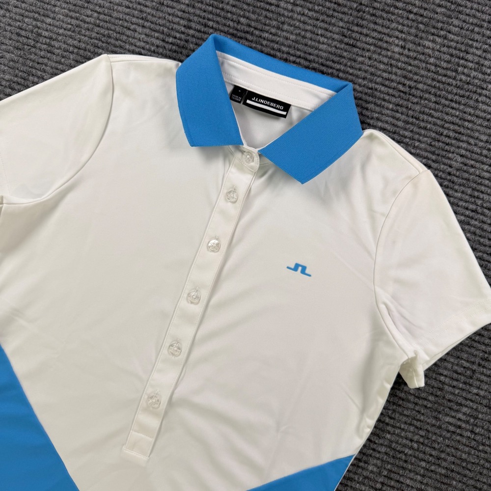 J.Lindeberg Bea Golf Polo Shirt Womens Small White Blue Jersey Top Short Sleeve